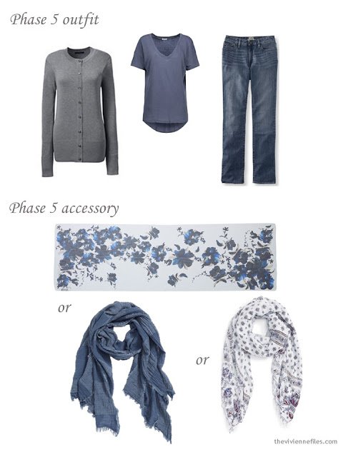 a grey and denim blue outfit, with three possible scarves 