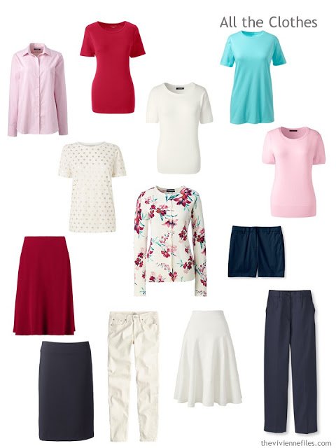 13 piece travel capsule wardrobe based on a floral cardigan