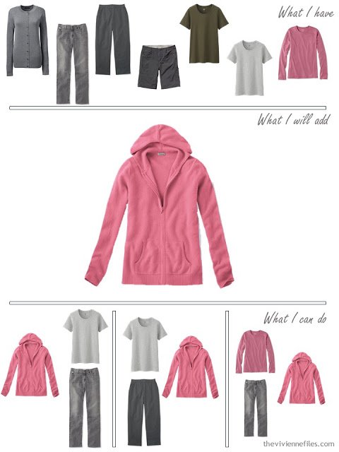 how to add a pink hooded sweatshirt to a travel capsule wardrobe in grey and olive