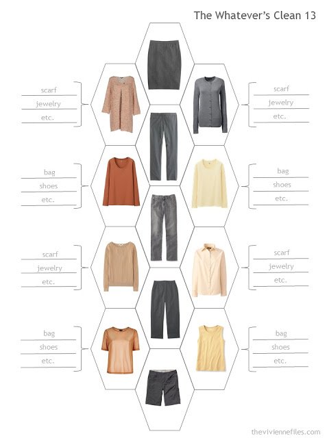 13 piece travel capsule wardrobe in charcoal grey, rust, peach and yellow