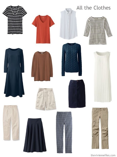 14-piece travel capsule wardrobe in navy, ivory, tan and rust