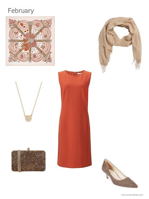 orange dress with gold, beige and brown accessories