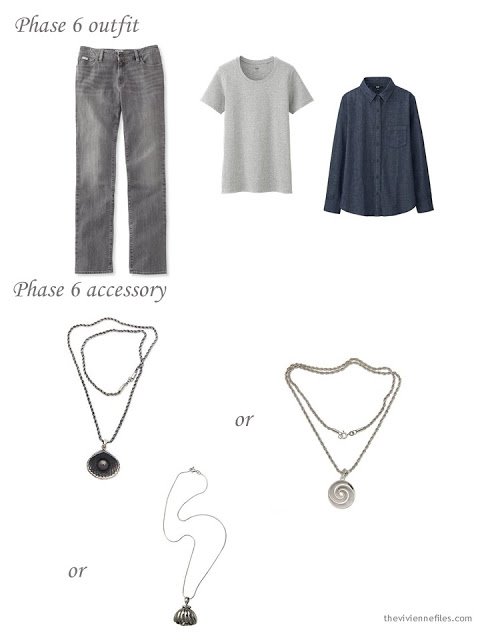 a grey and denim outfit with three choices of silver necklace