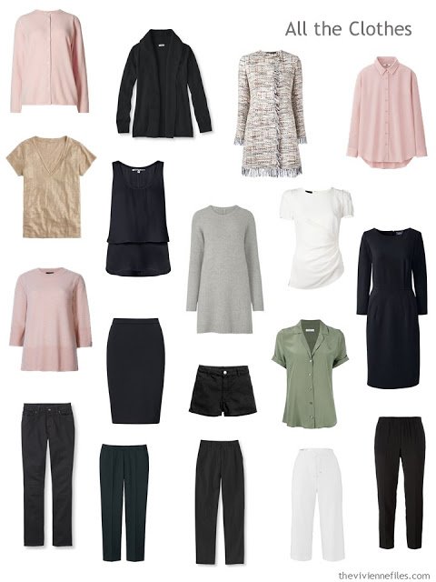 17 piece travel capsule wardrobe in black, blush, sage green and ivory