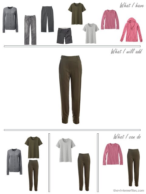 how to add olive pants to a grey and olive travel capsule wardrobe
