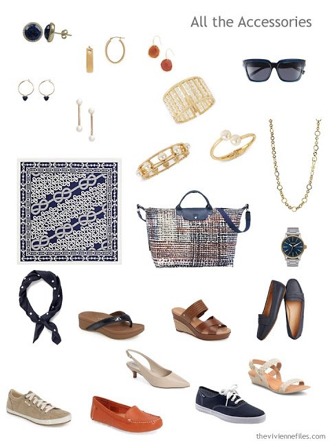 accessories for a navy, khaki, rust and white capsule wardrobe