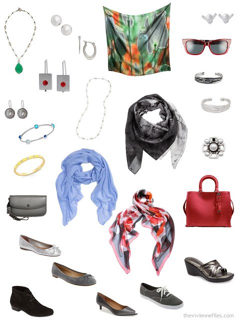 accessories for a charcoal grey and brights capsule travel wardrobe