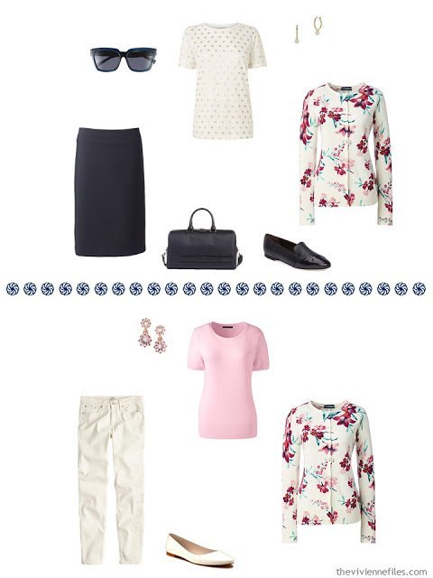 two outfits from a floral cardigan-centered travel capsule wardrobe