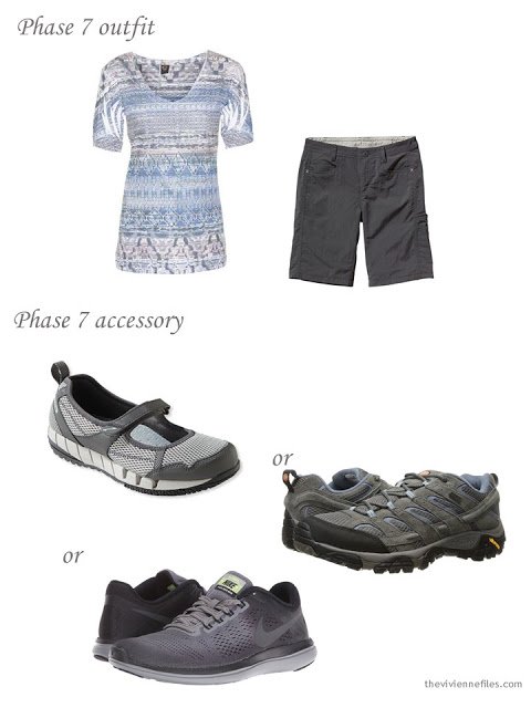 shorts and a pastel tee, with three choices of water shoes