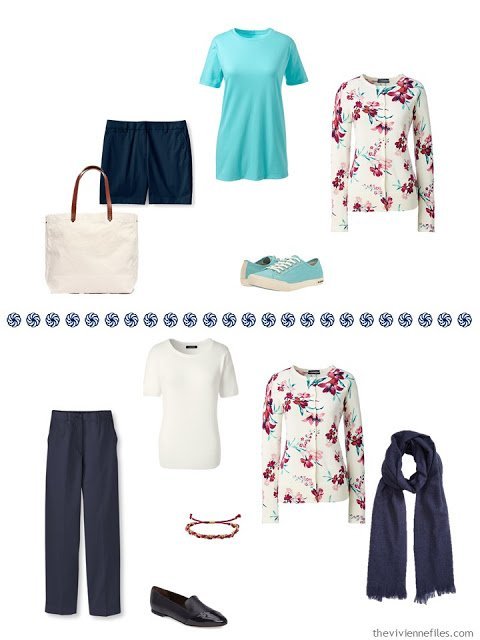 two outfits from a floral cardigan-centered travel capsule wardrobe
