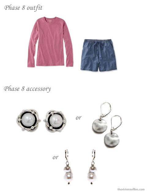 pink tee and denim shorts, with three possible pairs of silver earrings