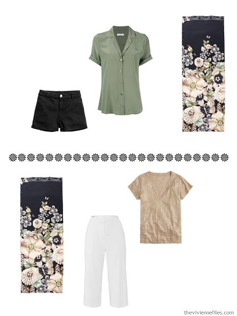 a shorts outfit and a capri outfit to wear with the Garden Gems scarf by Ted Baker London