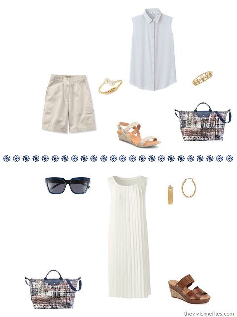 white sleeveless top with khaki shorts, ivory dress worn casually