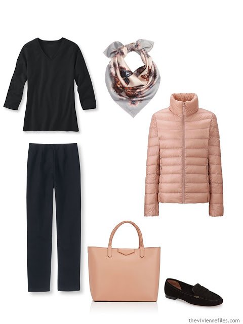 black and peach cool weather travel outfit