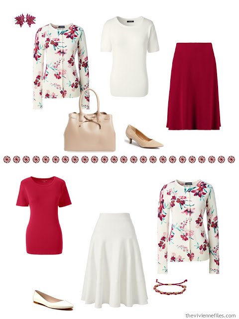 two outfits in bright burgundy and ivory, with a floral cardigan