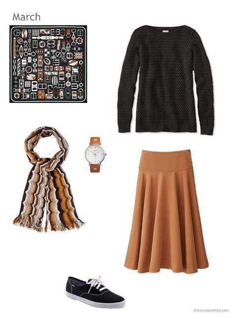 brown and black skirt outfit with scarf, watch and canvas shoes