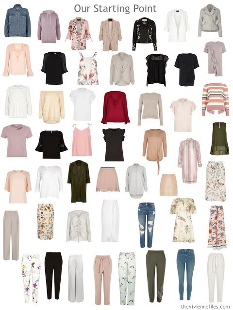 a 50-piece wardrobe including seven neutrals, lots of florals, and no system