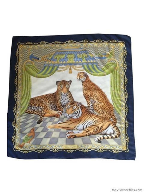 Vintage navy Ferragamo scarf with 2 lepards and a tiger