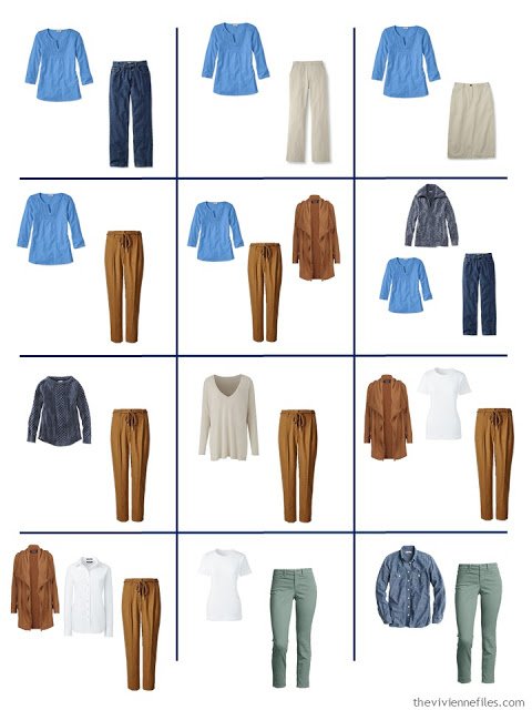 12 outfits from a Four by Four wardrobe with a denim and khaki core, and accents of green, blue and tobacco brown