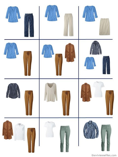 12 outfits from a Four by Four wardrobe with a denim and khaki core, and accents of green, blue and tobacco brown