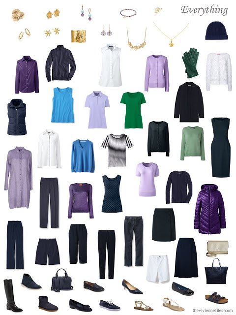 wardrobe and accessories in navy, purple, green, blue and white