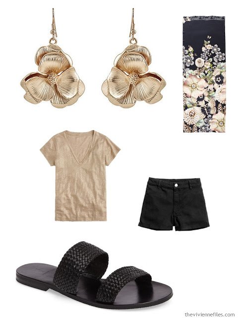 gold tee and black shorts with gold flower earrings and black flat sandals