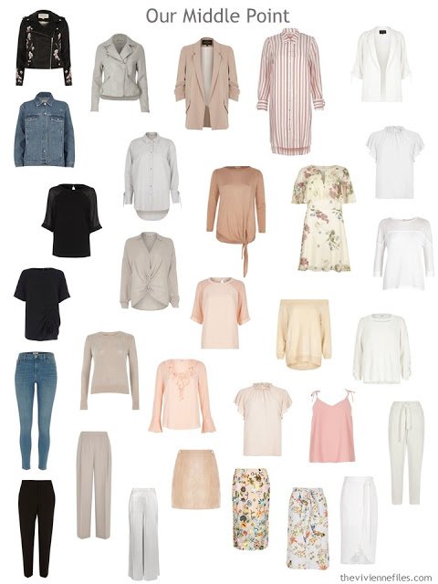 a post-edit 30-piece wardrobe, arranged by color