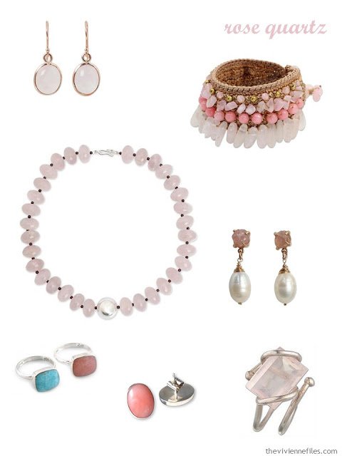 a family of seven pieces of rose quartz jewelry