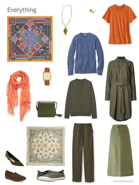 six-piece olive, orange and denim blue capsule wardrobe