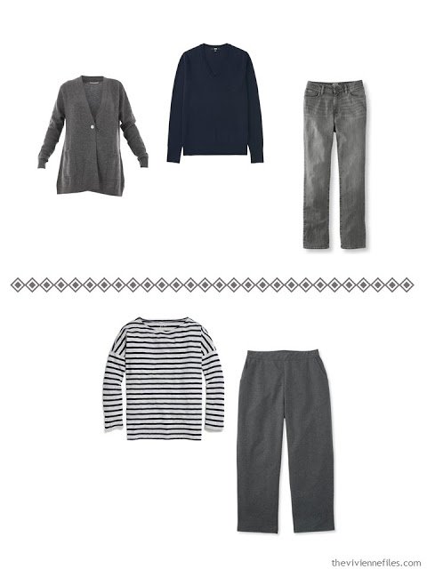 two navy and grey casual outfits