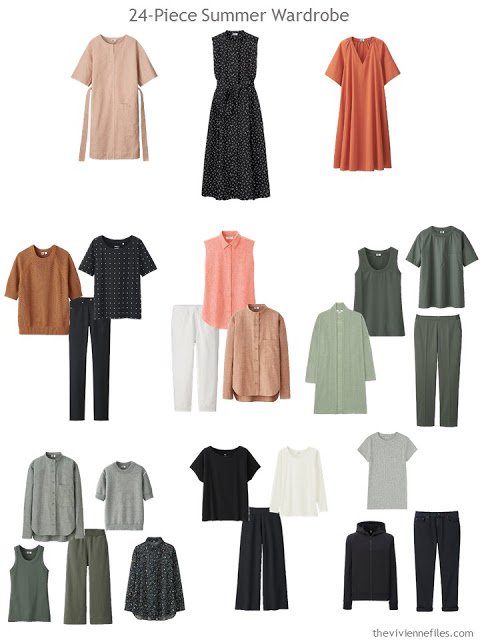 a 24-piece warm-weather wardrobe in black, olive, and shades of rust