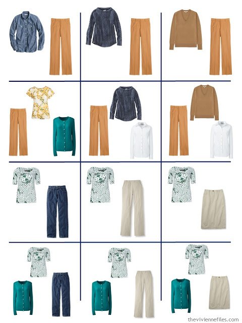 12 outfits taken from a 4 by 4 Wardrobe in denim, khaki, teal, caramel and white