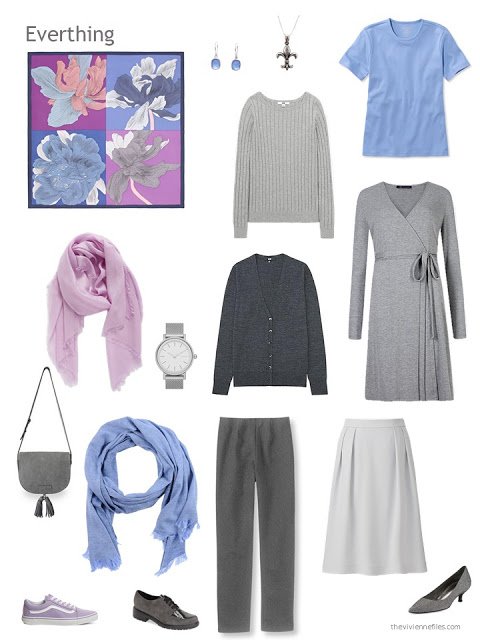 six-piece grey, orchid and light blue capsule wardrobe