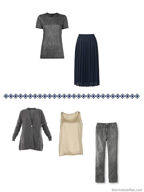 two outfits from a Four by Four Wardrobe in grey, navy, camel and white