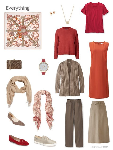 six-piece red, orange and light brown capsule wardrobe