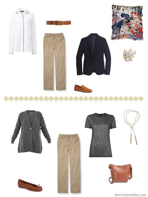 two outfits using khaki pants, from a navy, grey and camel capsule wardrobe