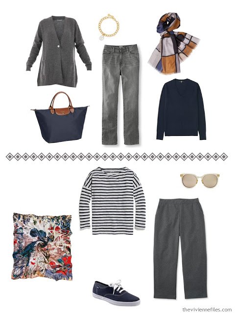 two grey outfits from a navy, grey and camel Four by Four travel capsule wardrobe