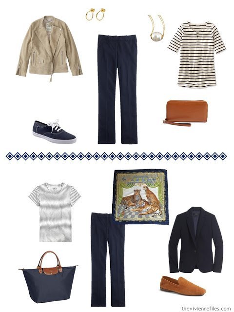 two ways to wear navy dress pants, from a travel capsule wardrobe in navy, grey and camel