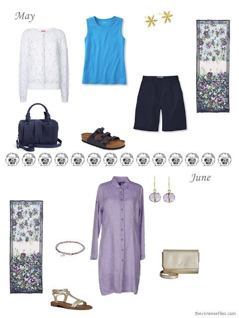 May and June outfits in purple, white, blue and navy