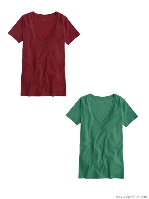 tee shirts in burgundy and forest green