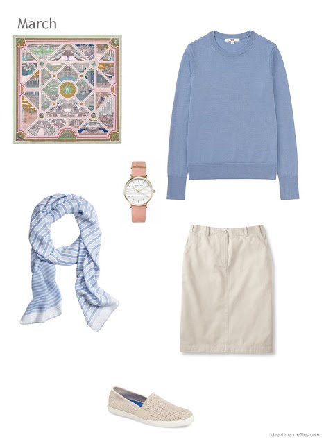 blue and beige skirt outfit with scarf, watch and canvas shoes