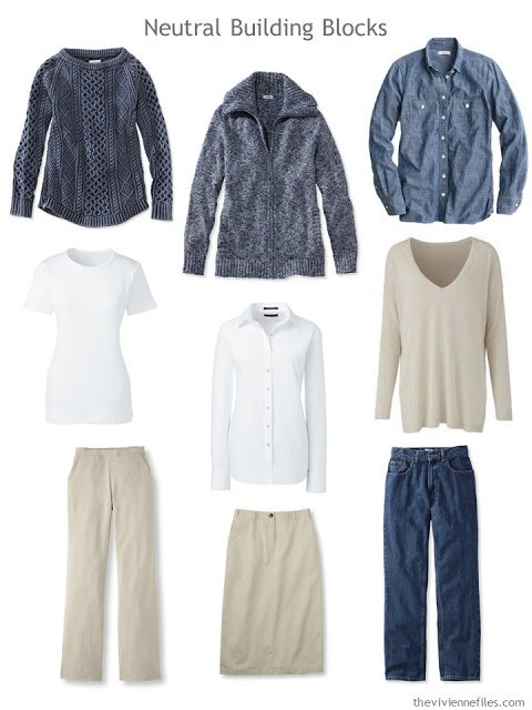 nine wardrobe Neutral Building Blocks in denim, white and beige