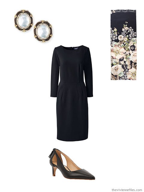 black dress with mother of pearl earrings and black pumps