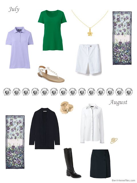 July and August outfits in purple, green, navy and white