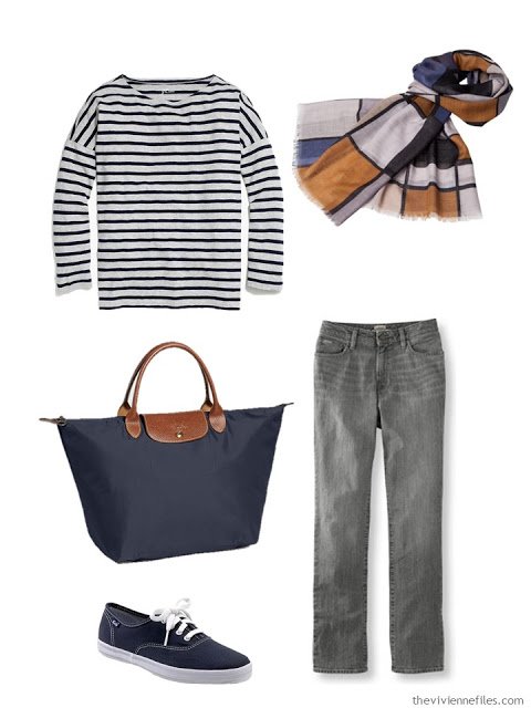 grey and navy outfit with navy fabric accessories