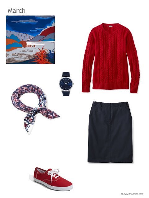 red and navy skirt outfit with scarf, watch and canvas shoes