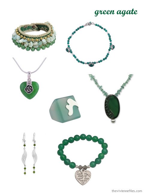 seven pieces of green agate jewelry