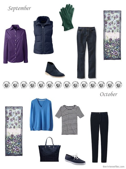 September and October outfits in navy, purple, green and blue