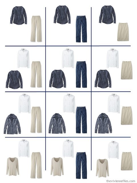 a dozen outfits built from the 9 wardrobe Neutral Building Blocks in denim, white and khaki