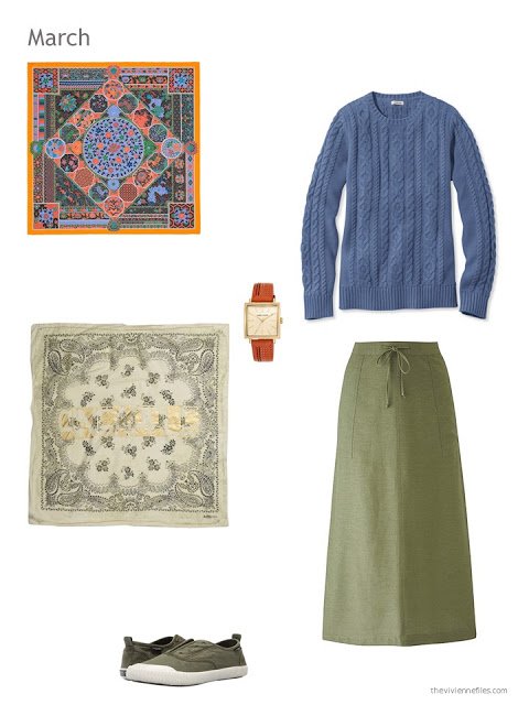 olive and denim blue skirt outfit with scarf, watch and canvas shoes